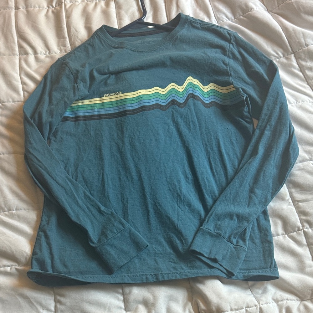 Patagonia Men's Blue Long Sleeve Tee with Stripe Design